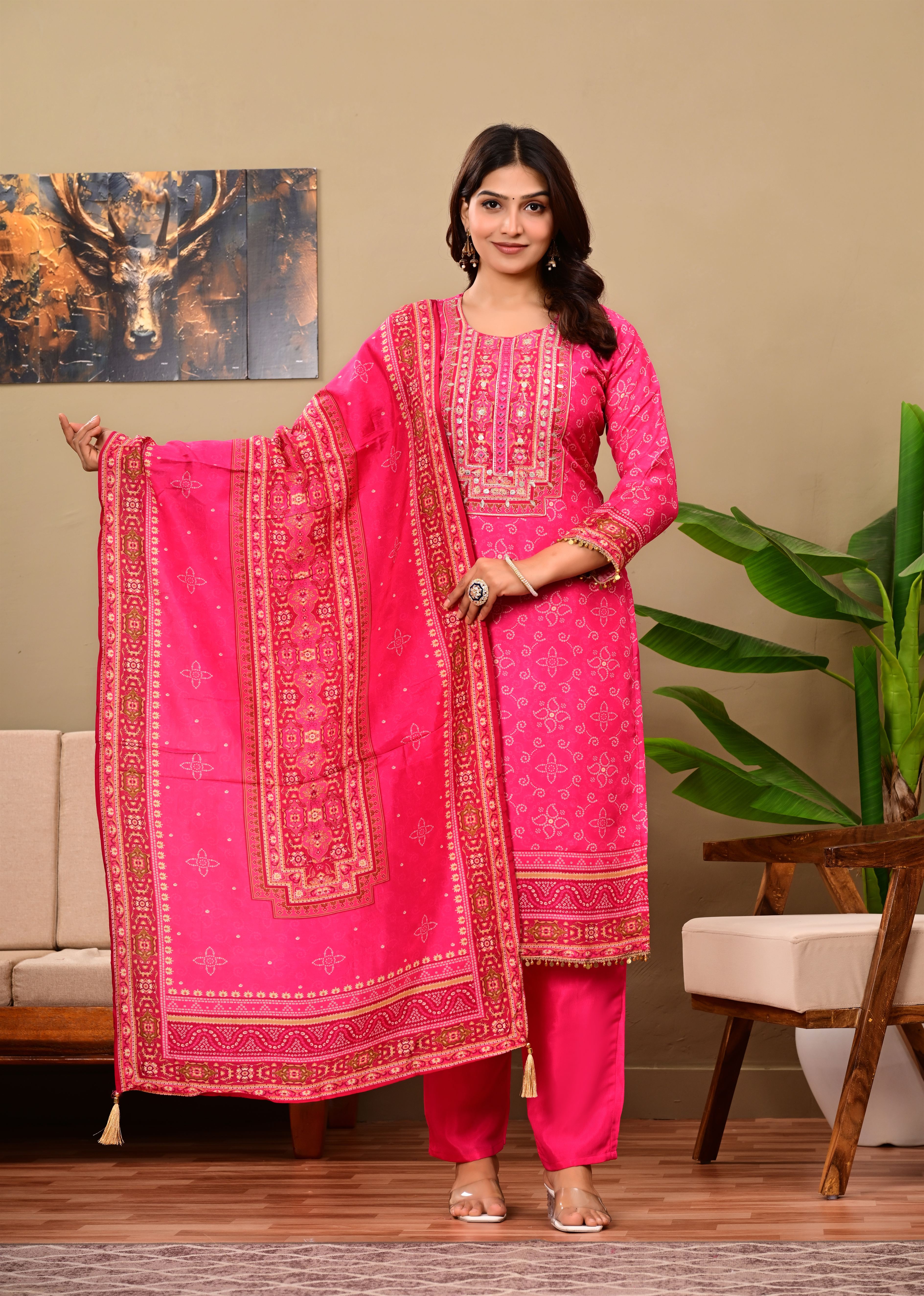 Pink Crepe suit set with neck work detailing
