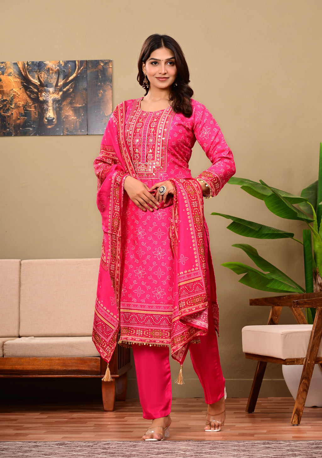 Pink Crepe suit set with neck work detailing