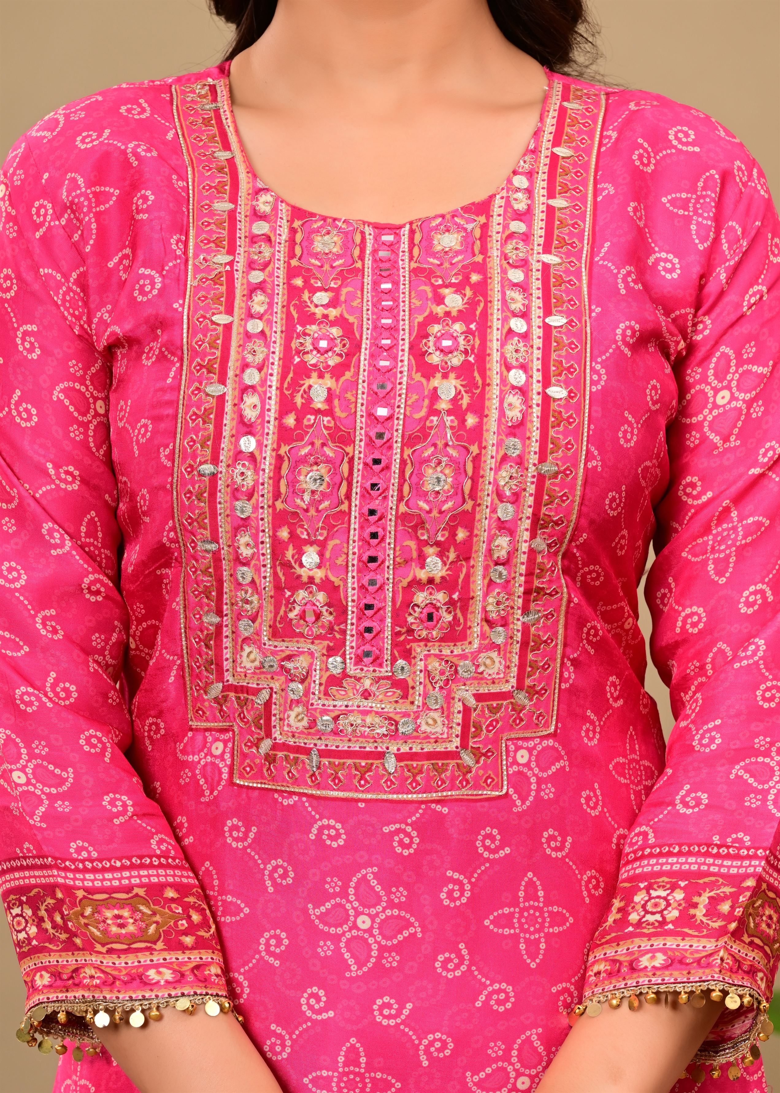 Pink Crepe suit set with neck work detailing