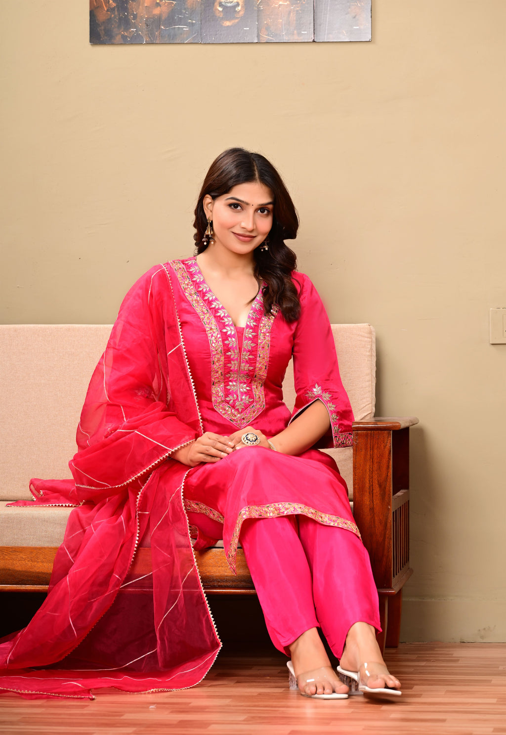 Silk suit with Lacework detailing on Neck and Sleeves with organza dupatta