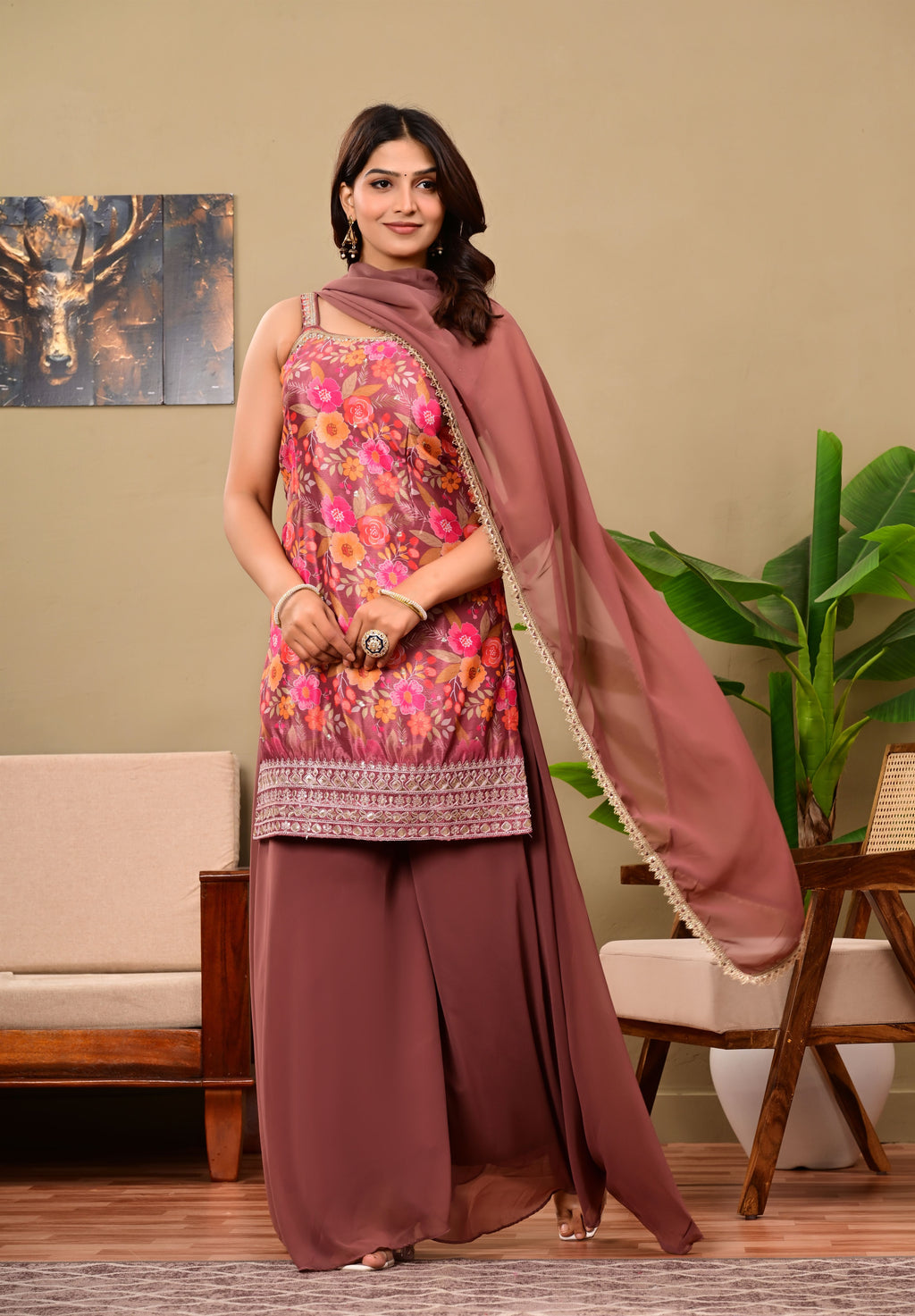 Brown Printed sleeveless suit set