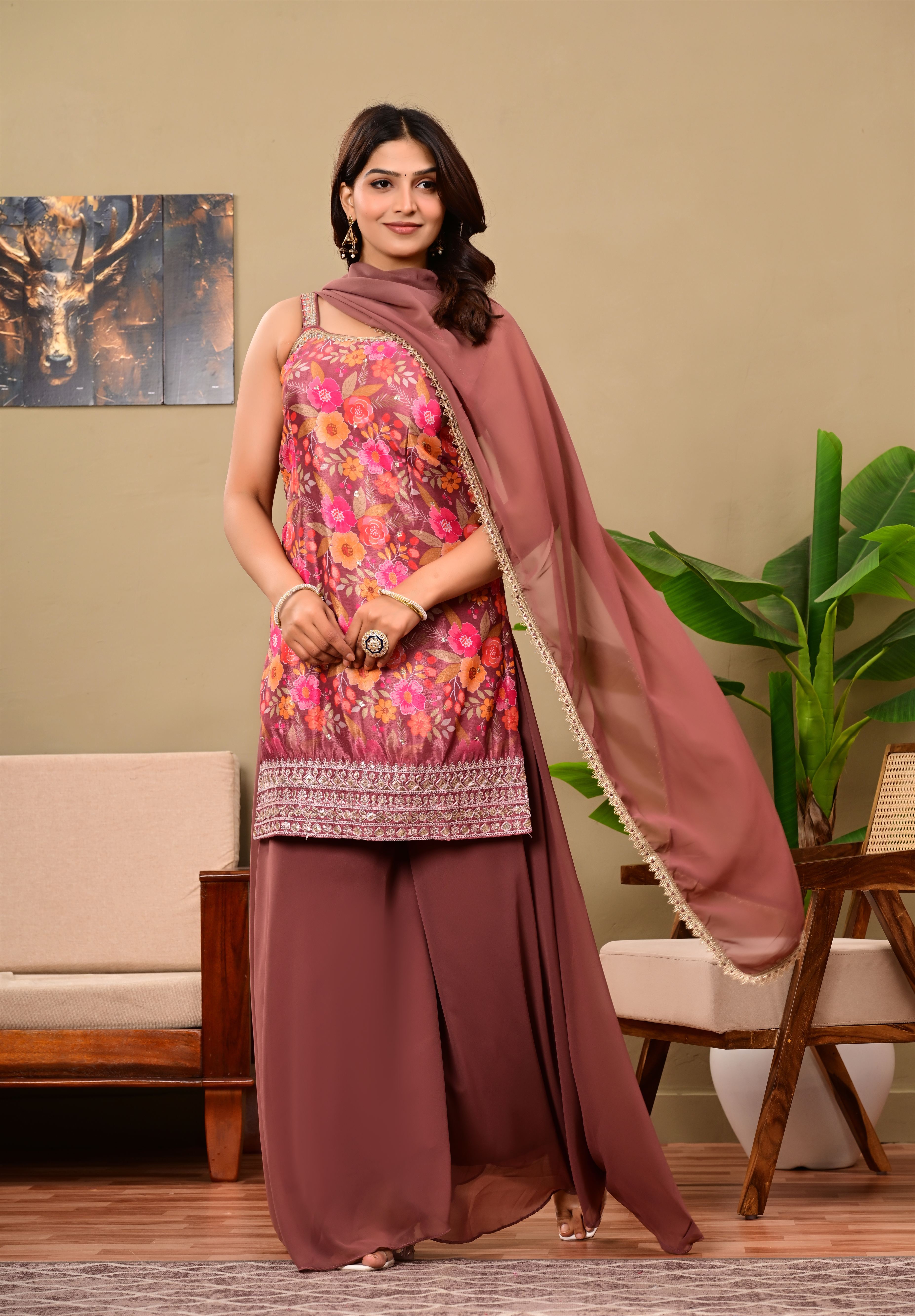 Brown Printed sleeveless suit set