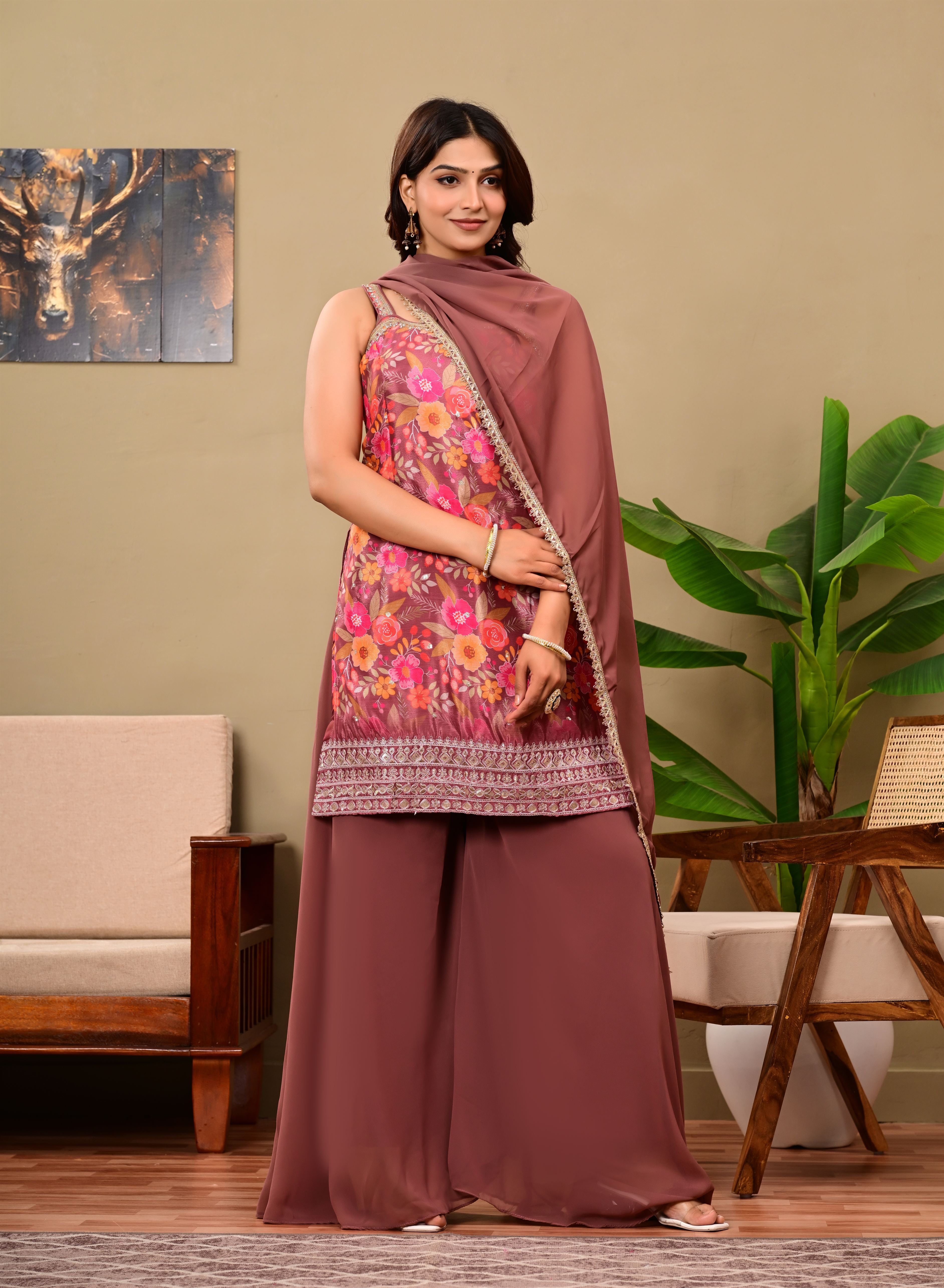 Brown Printed sleeveless suit set