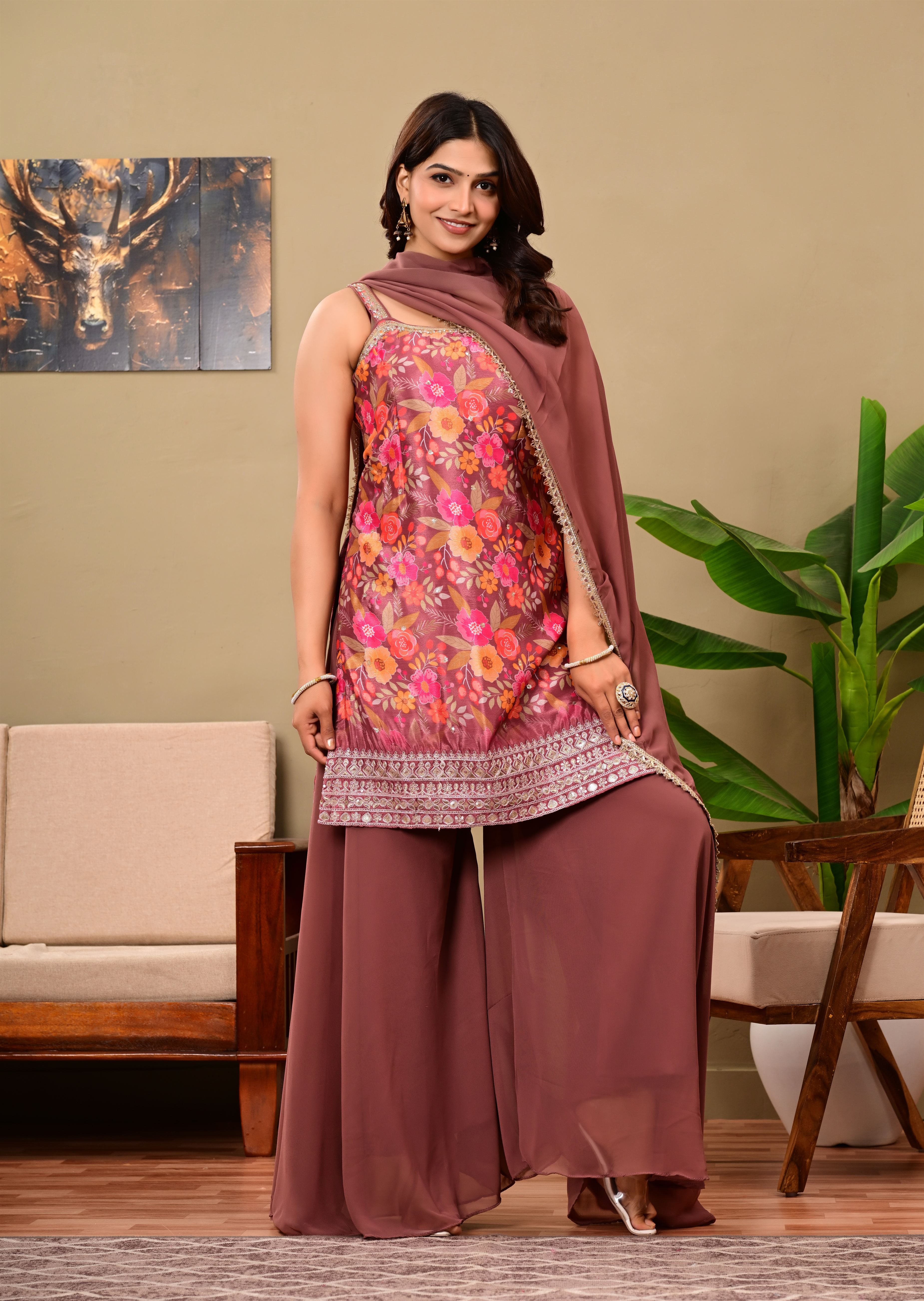 Brown Printed sleeveless suit set