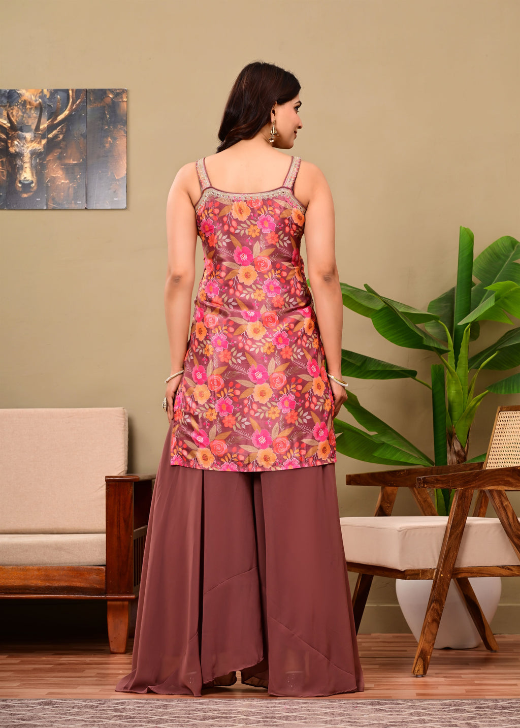 Brown Printed sleeveless suit set