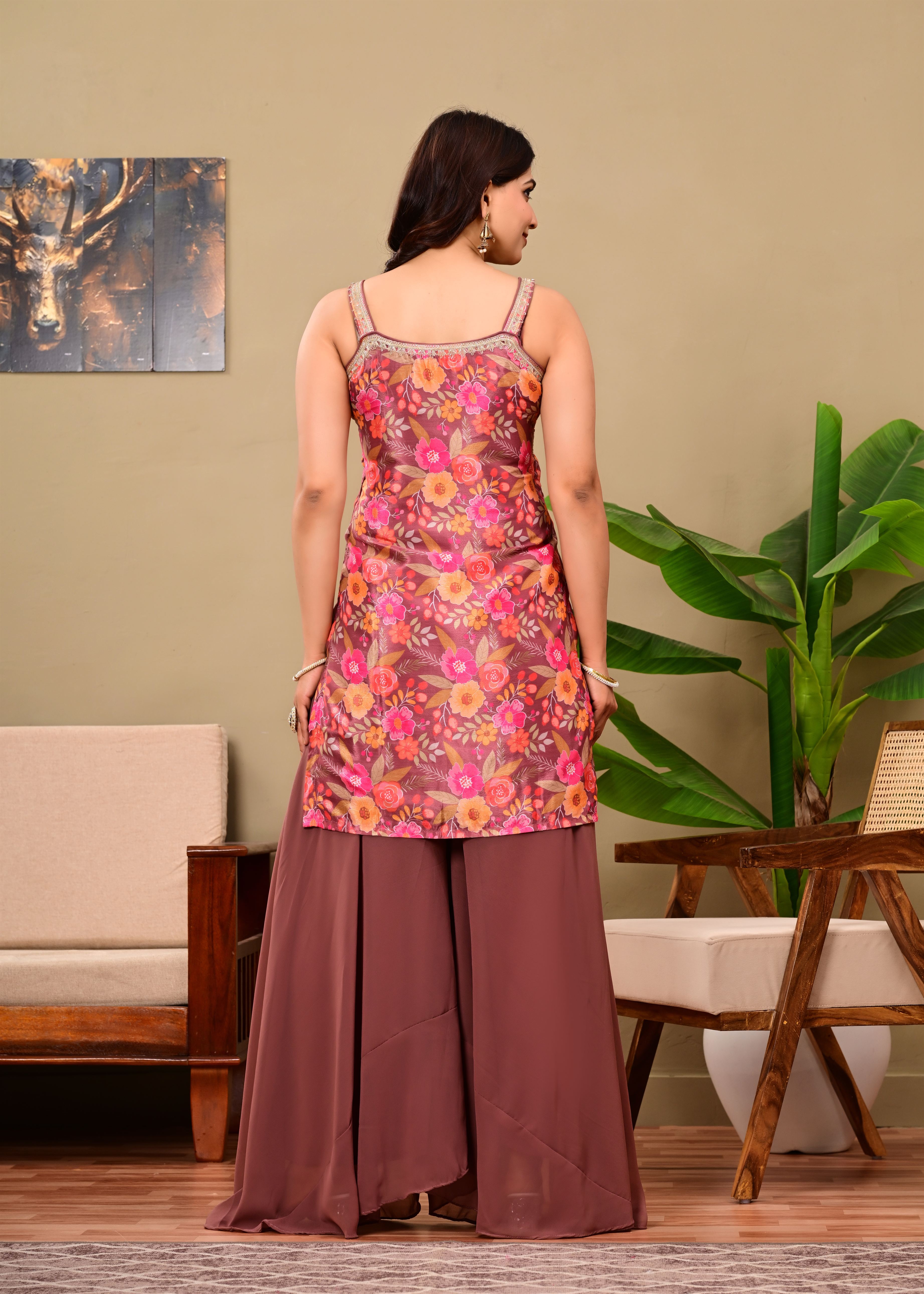 Brown Printed sleeveless suit set